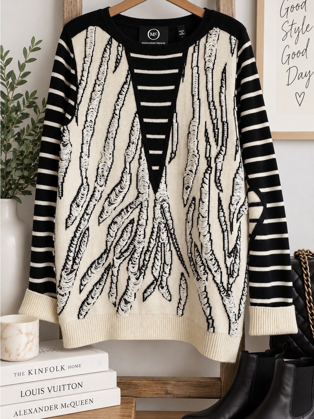 McQ Alexander McQueen Black and Cream Striped Abstract Crewneck Sweater